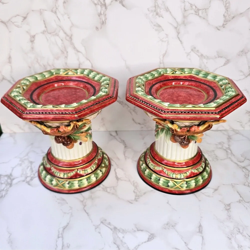 Fitz Floyd Equestrian Octagonal Pillar Candle Holders Pair Acorn Oak Leaf Large
